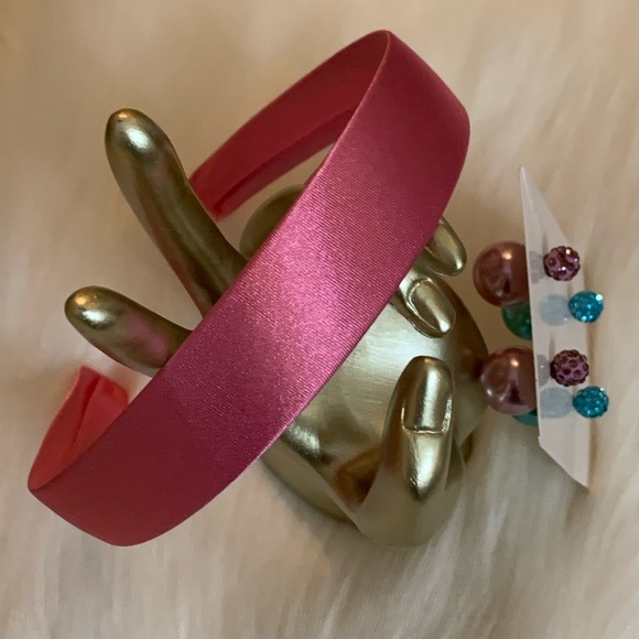 Pink Satin Headband and (2) Two Stud Earrings Set - Picture 2 of 8